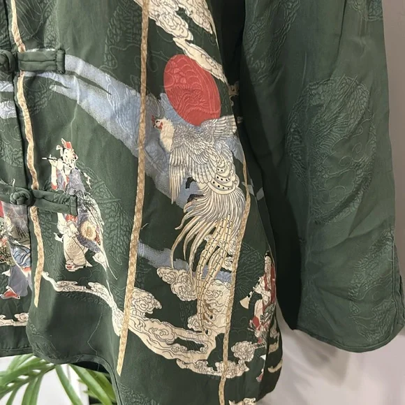 Citron Santa Monica Top Army Green Silk Asian Print Mandarin Collar Women’s M - Picture 4 of 15